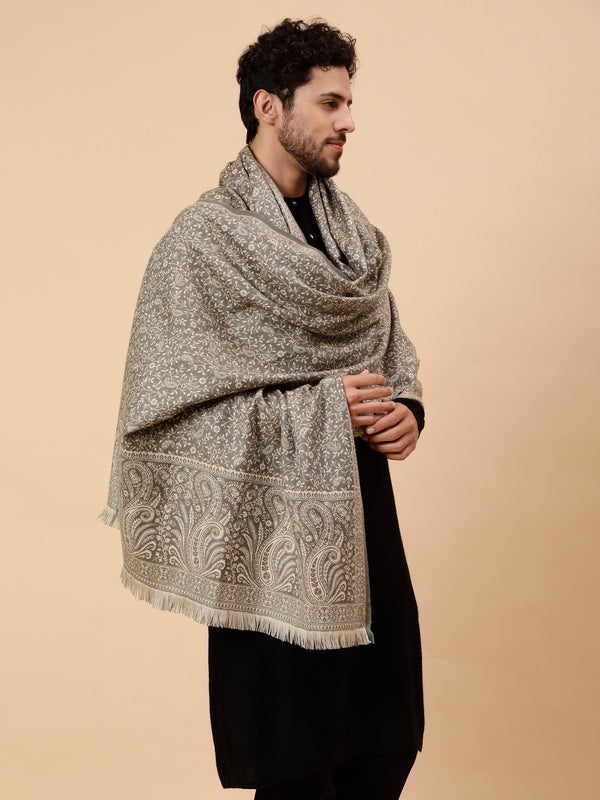 Double Sided Acro Wool Jacquard Shawl - Grey