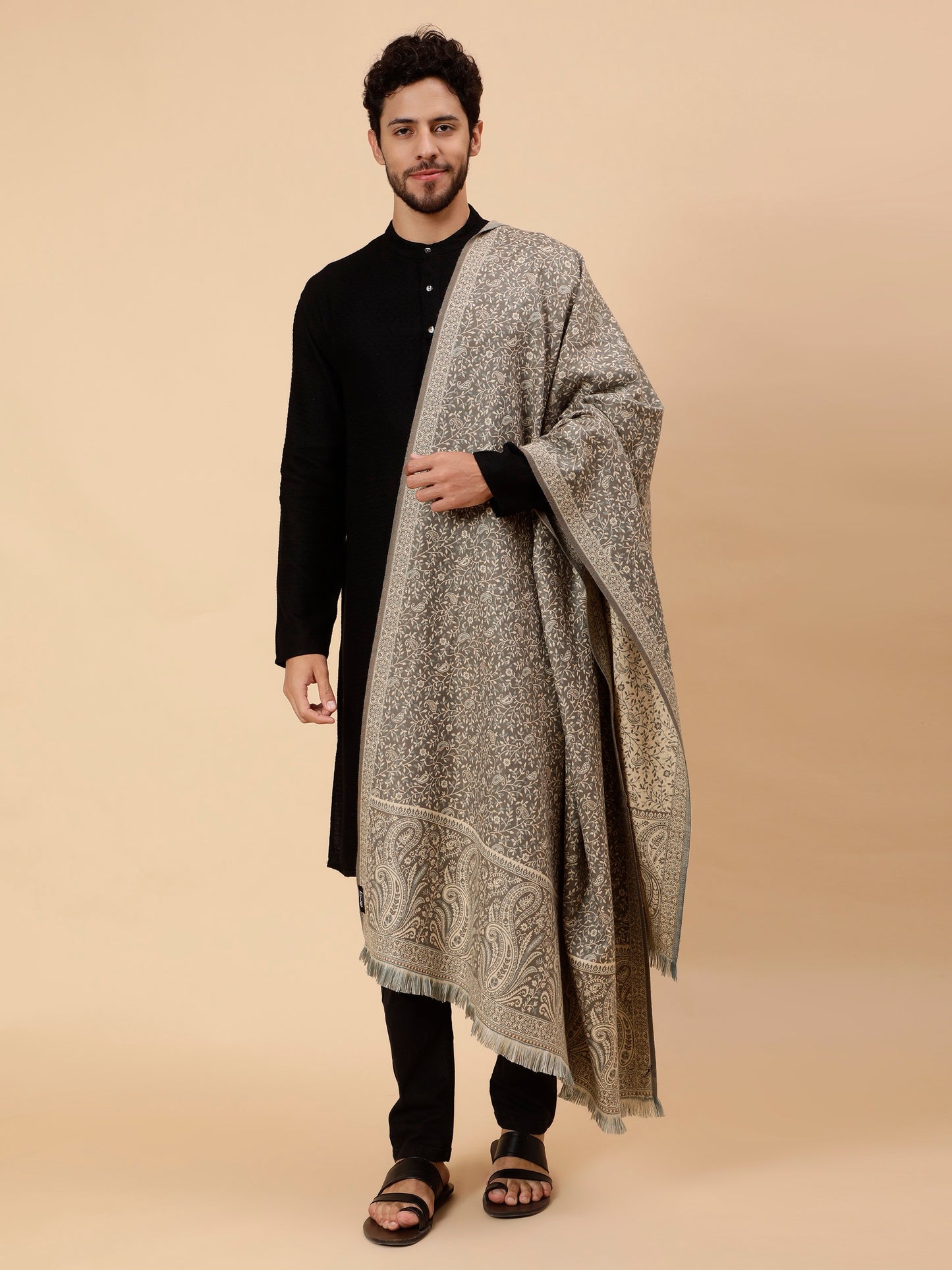 Double Sided Acro Wool Jacquard Shawl - Grey