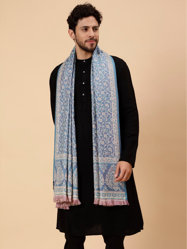 Double Sided Acro Wool Jacquard Shawl - Blue