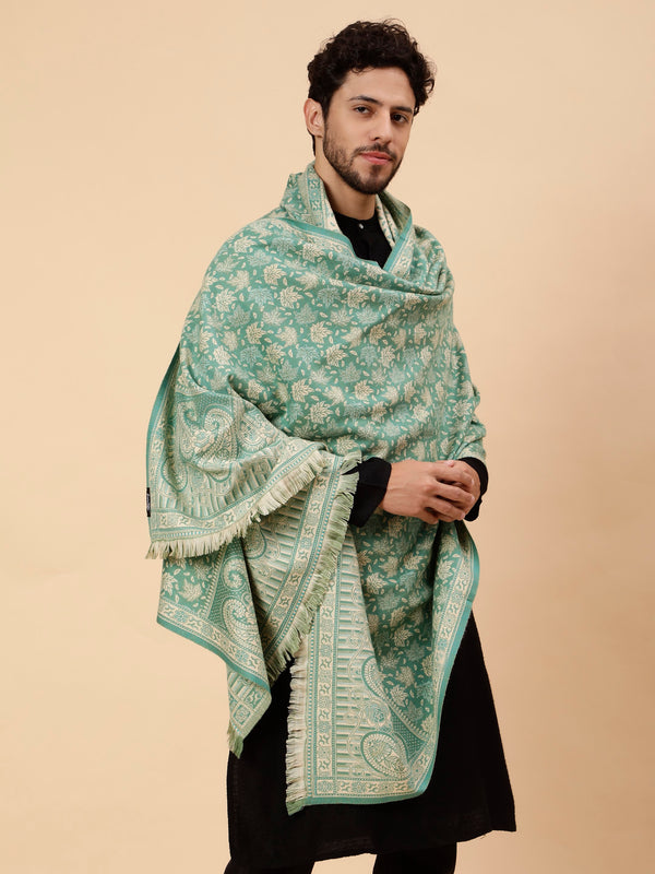 Double Sided Acro Wool Jacquard Shawl - Green