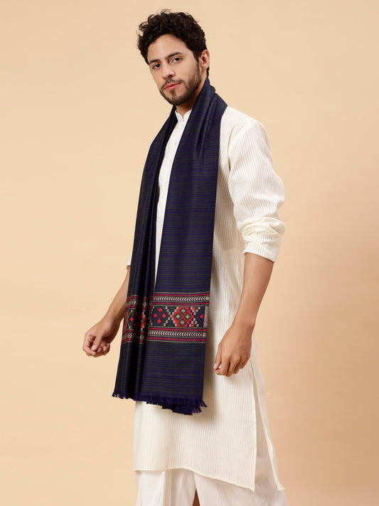 Ethnic Kullu Shawl for Men, Traditional Himachali Design with Tribal Motifs - Dark Blue (40x80)