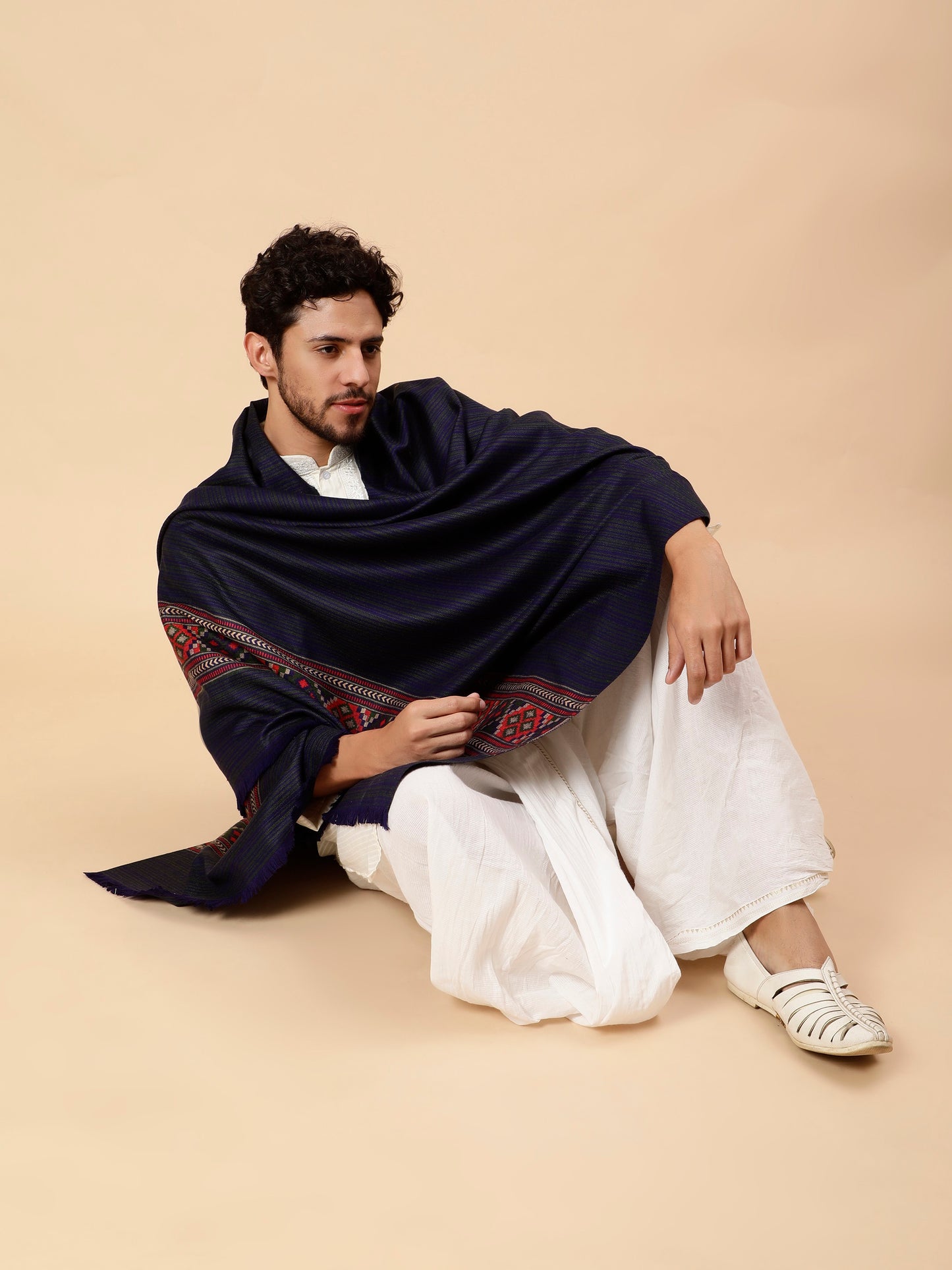 Ethnic Kullu Shawl for Men, Traditional Himachali Design with Tribal Motifs - Dark Blue (40x80)