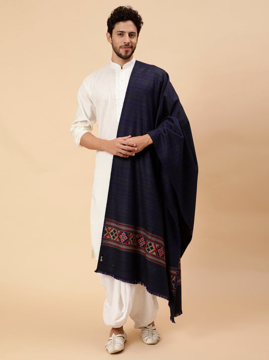 Ethnic Kullu Shawl for Men, Traditional Himachali Design with Tribal Motifs - Dark Blue (40x80)
