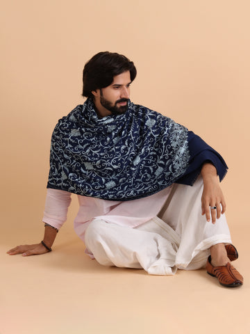 tweedle Kashmiri Aari Embroidery Shawl for Men - Navy Blue (40 x 80 inches)