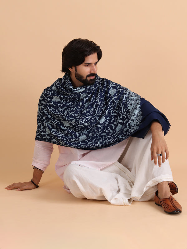 tweedle Kashmiri Aari Embroidery Shawl for Men - Navy Blue (40 x 80 inches)