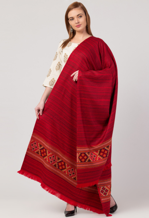 Ethnic Kullu Shawl for Women, Traditional Himachali Design with Tribal Motifs - Red