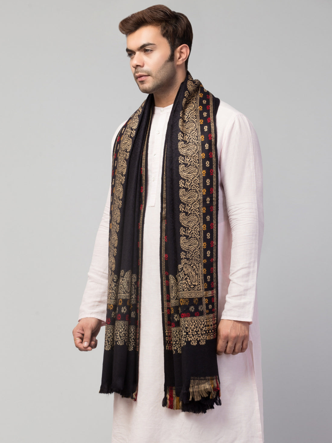 Jamawar Weave Plain Self Design Shawl with Ornamental Border | Black