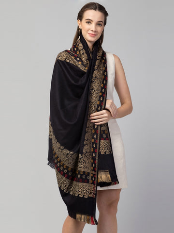Jamawar Weave Plain Self Design Shawl with Ornamental Border | Black