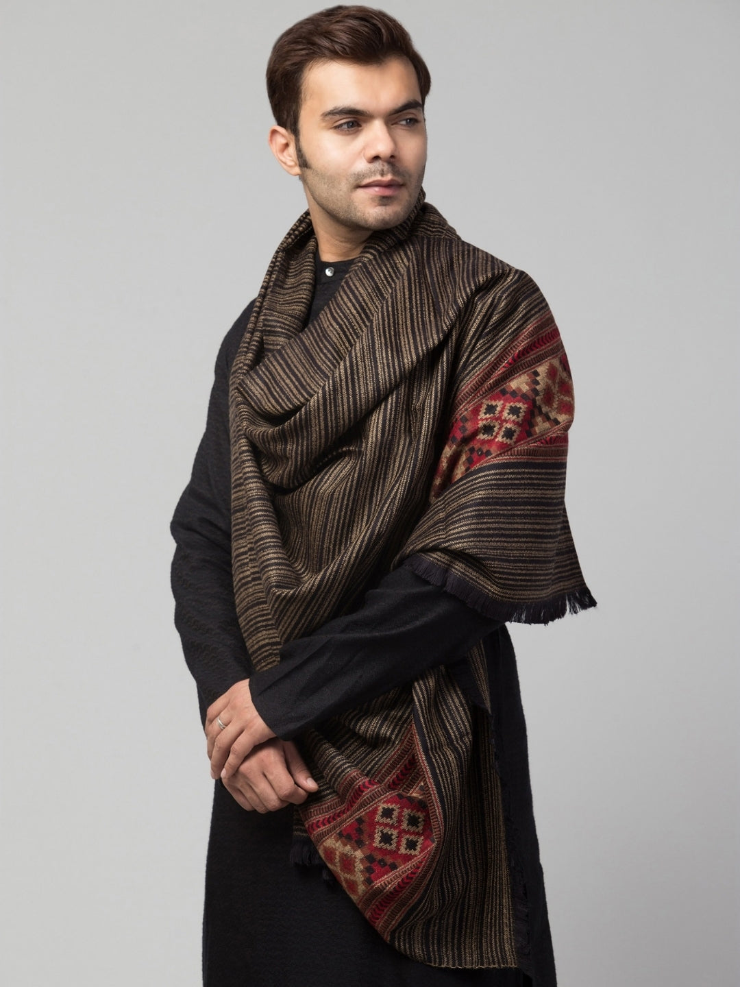 Ethnic Kullu Shawl for Men – Traditional Himachali Design with Tribal Motifs | Black