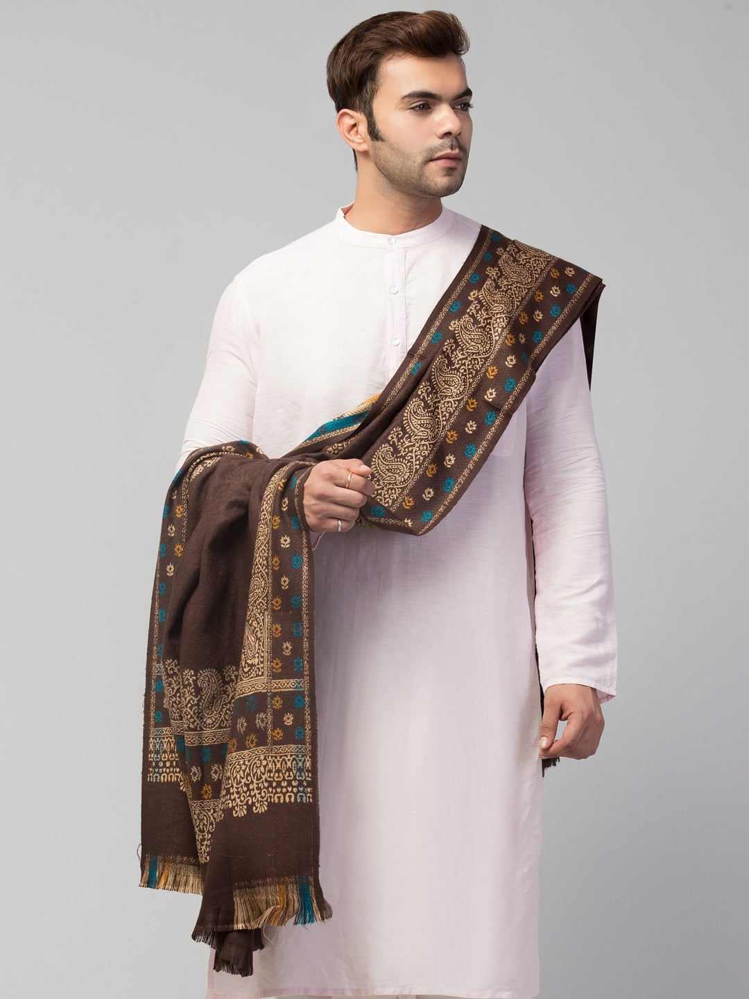 Jamawar Weave Plain Self Design Shawl with Ornamental Border | Brown