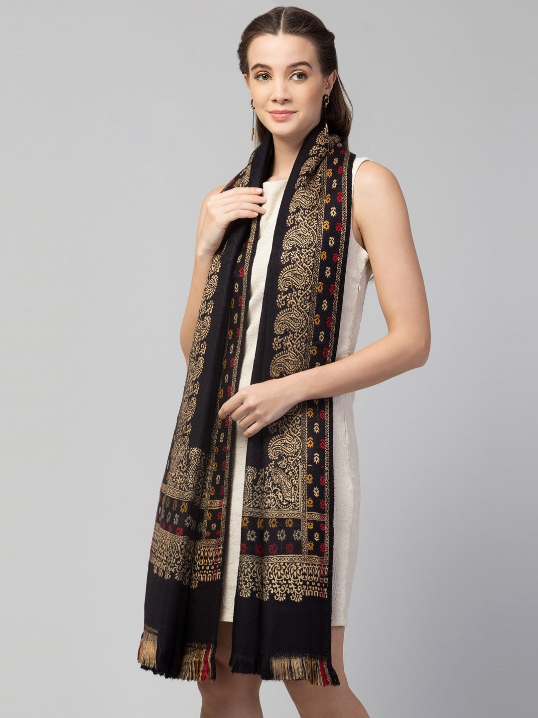 Jamawar Weave Plain Self Design Shawl with Ornamental Border | Black