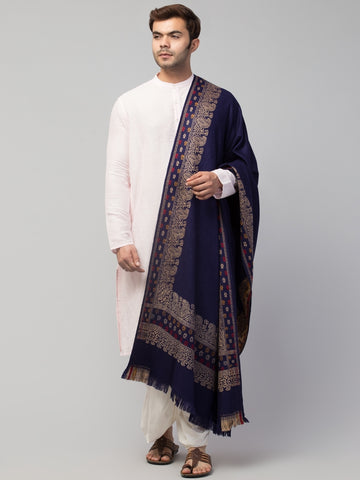 Jamawar Weave Plain Self Design Shawl with Ornamental Border | Blue