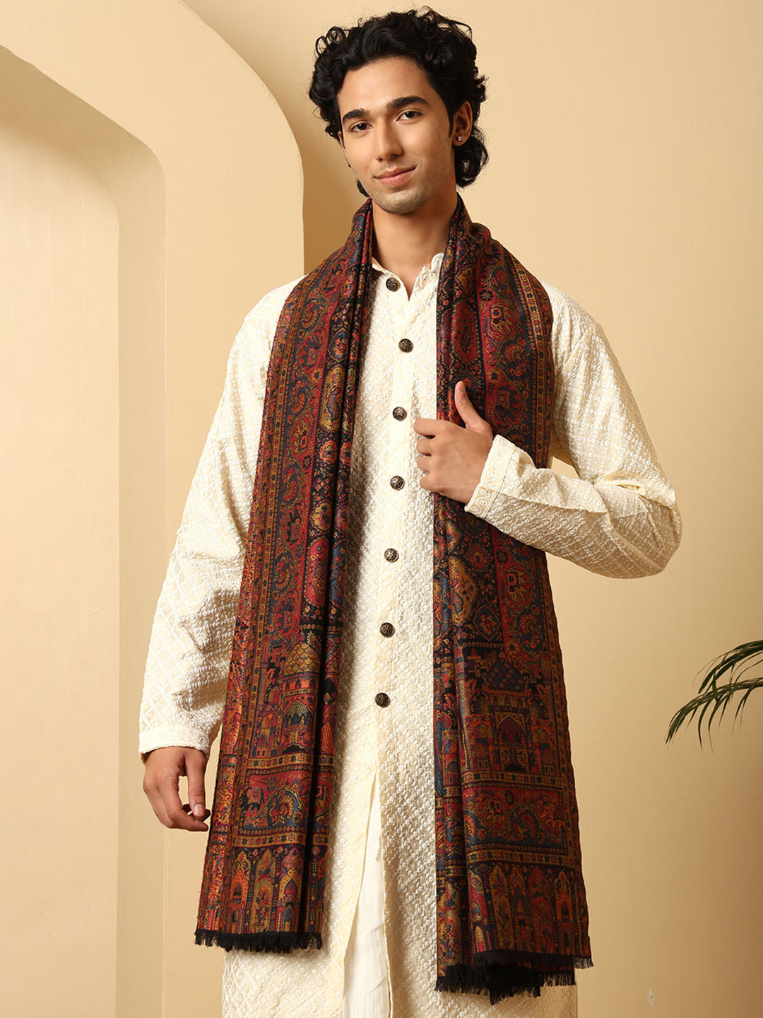 Tweedle Wool Blend Kani Shawl for Men – Black, Size – 40x80