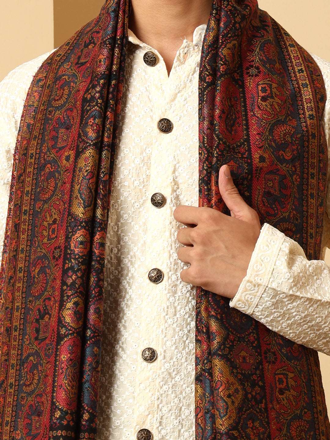 Tweedle Wool Blend Kani Shawl for Men – Black, Size – 40x80