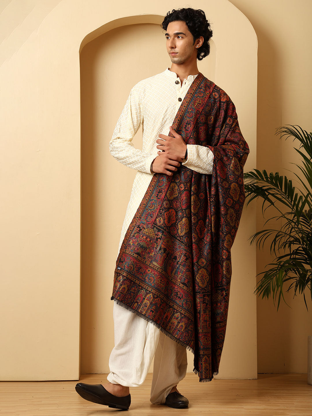 Tweedle Wool Blend Kani Shawl for Men – Black, Size – 40x80