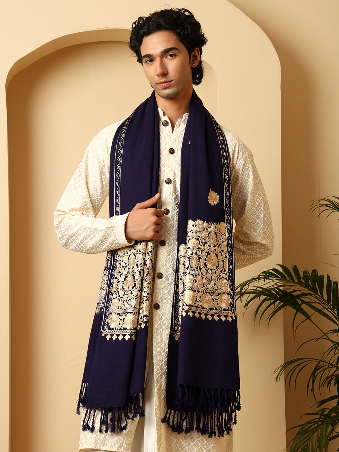 Tweedle Men’s Kashmiri Aari Embroidery Shawl / Stole - Navy Blue, Size - 40 x 80 inches