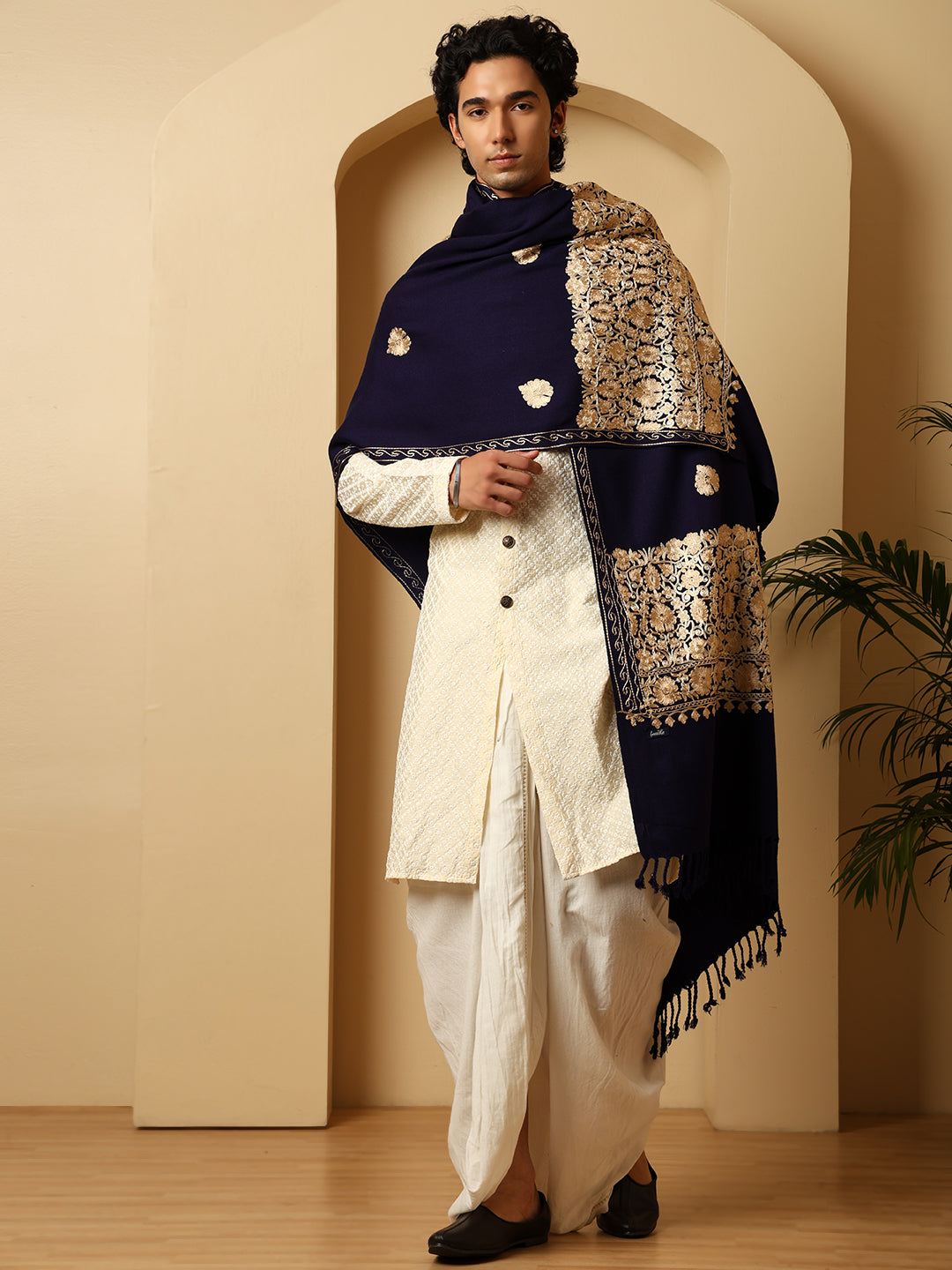 Tweedle Men’s Kashmiri Aari Embroidery Shawl / Stole - Navy Blue, Size - 40 x 80 inches