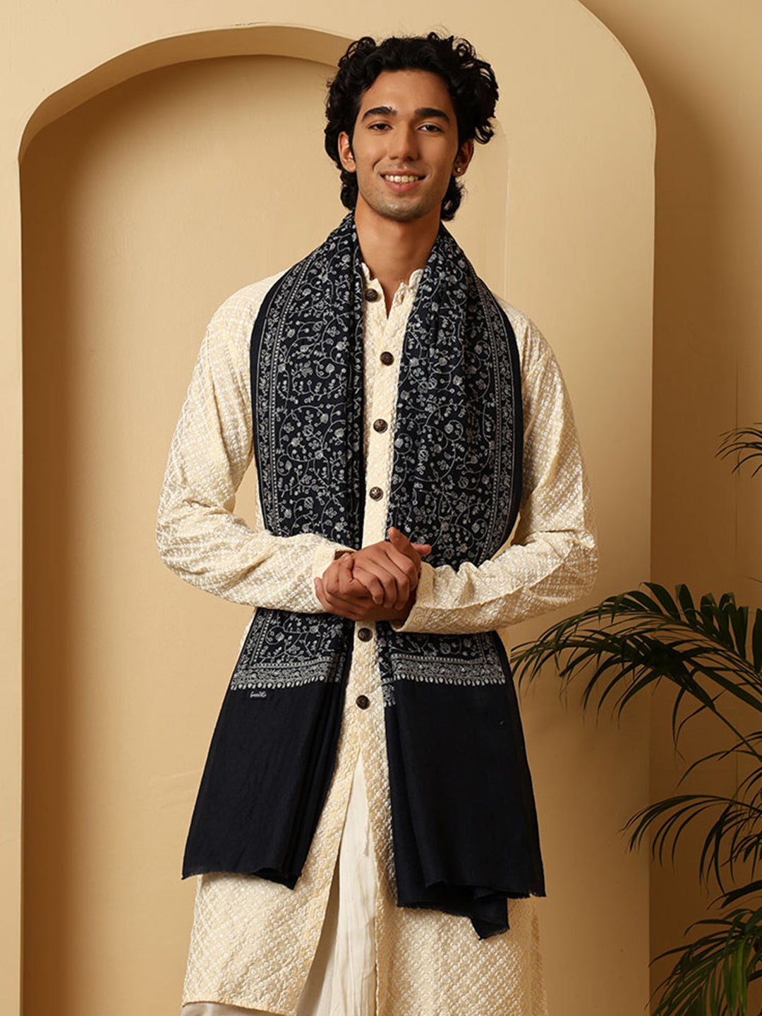 Tweedle Traditional Pure Wool Dupehra Kashmiri Embroidery Shawl for Men - Navy Blue