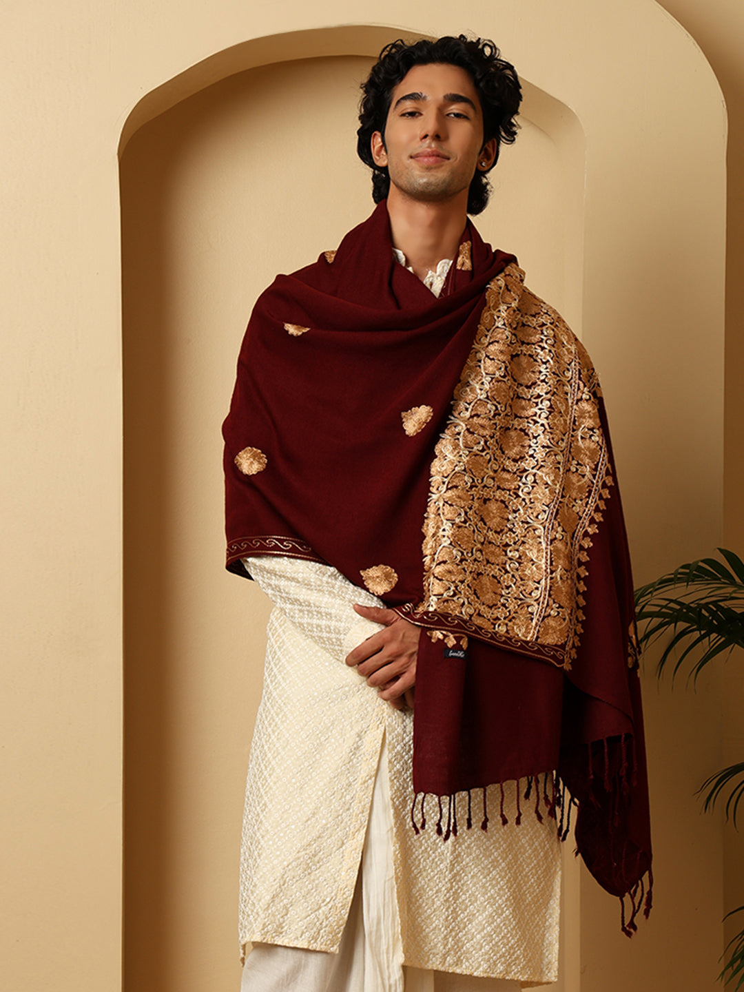 Tweedle Men’s Kashmiri Aari Embroidery Shawl / Stole - Wine, Size - 40 x 80 inches