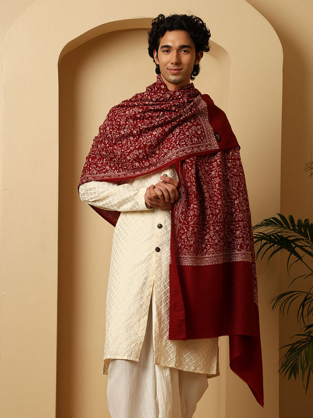 Tweedle Traditional Pure Wool Dupehra Kashmiri Embroidery Shawl for Men - Maroon