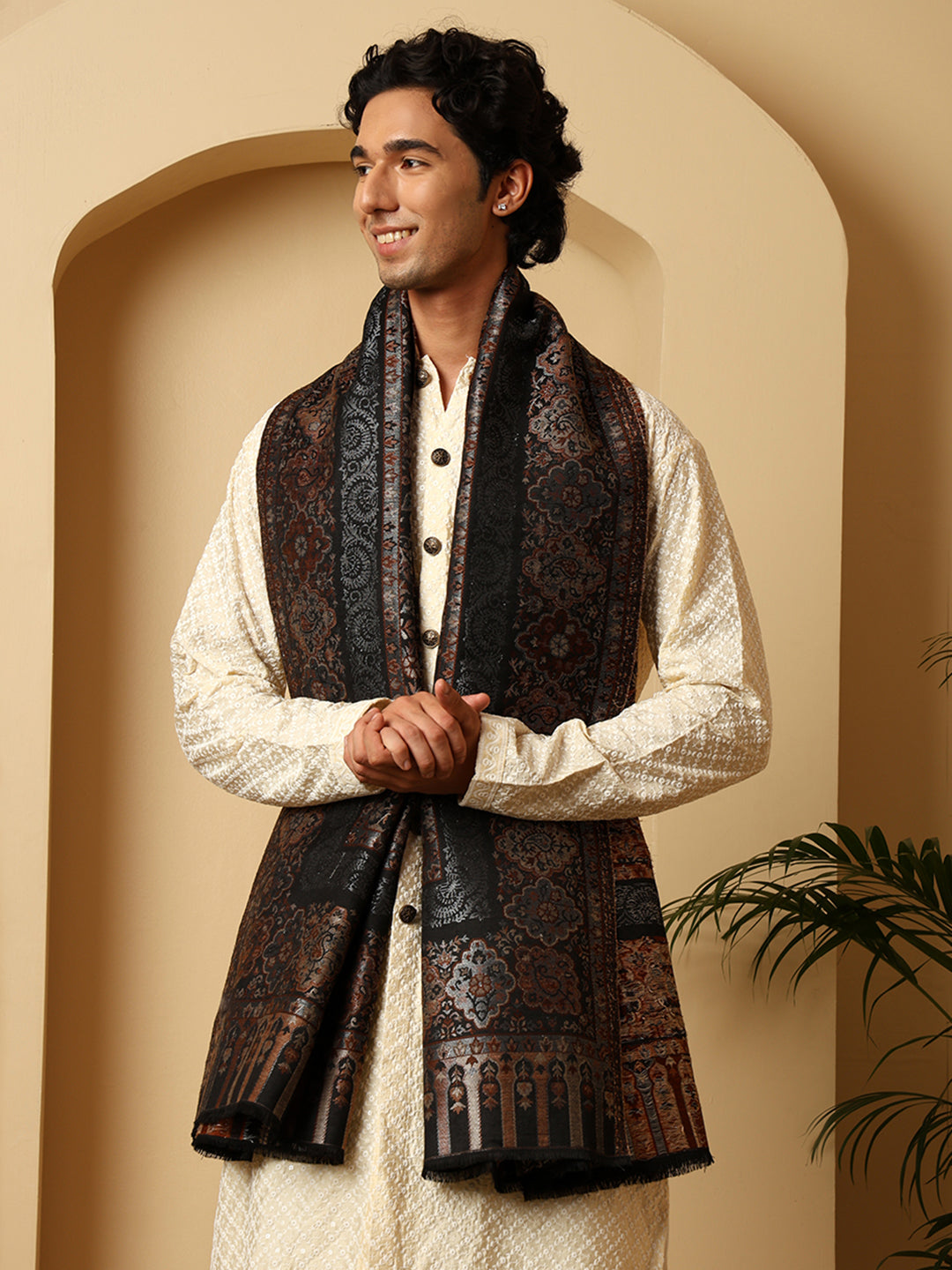 Tweedle Men’s Naira Kani Design and Zari Border - Black, Size - 40 x 80 inches