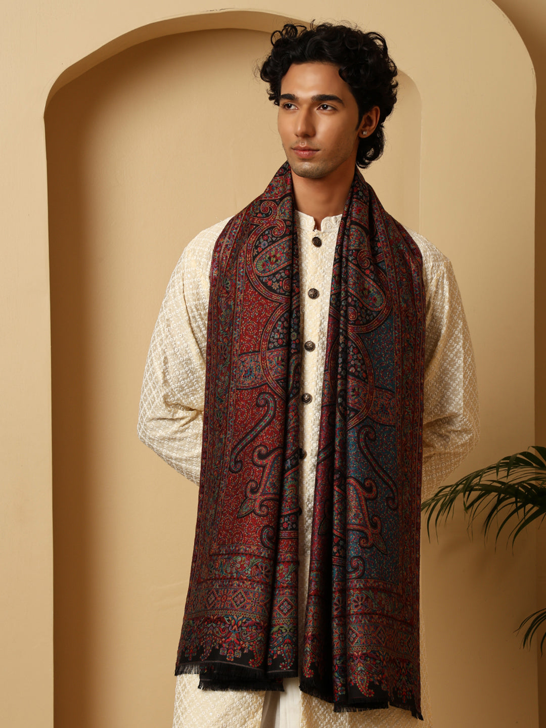 Tweedle Men’s Ruhani Kashmiri Kani Shawl - Black, 40 x 80 inch