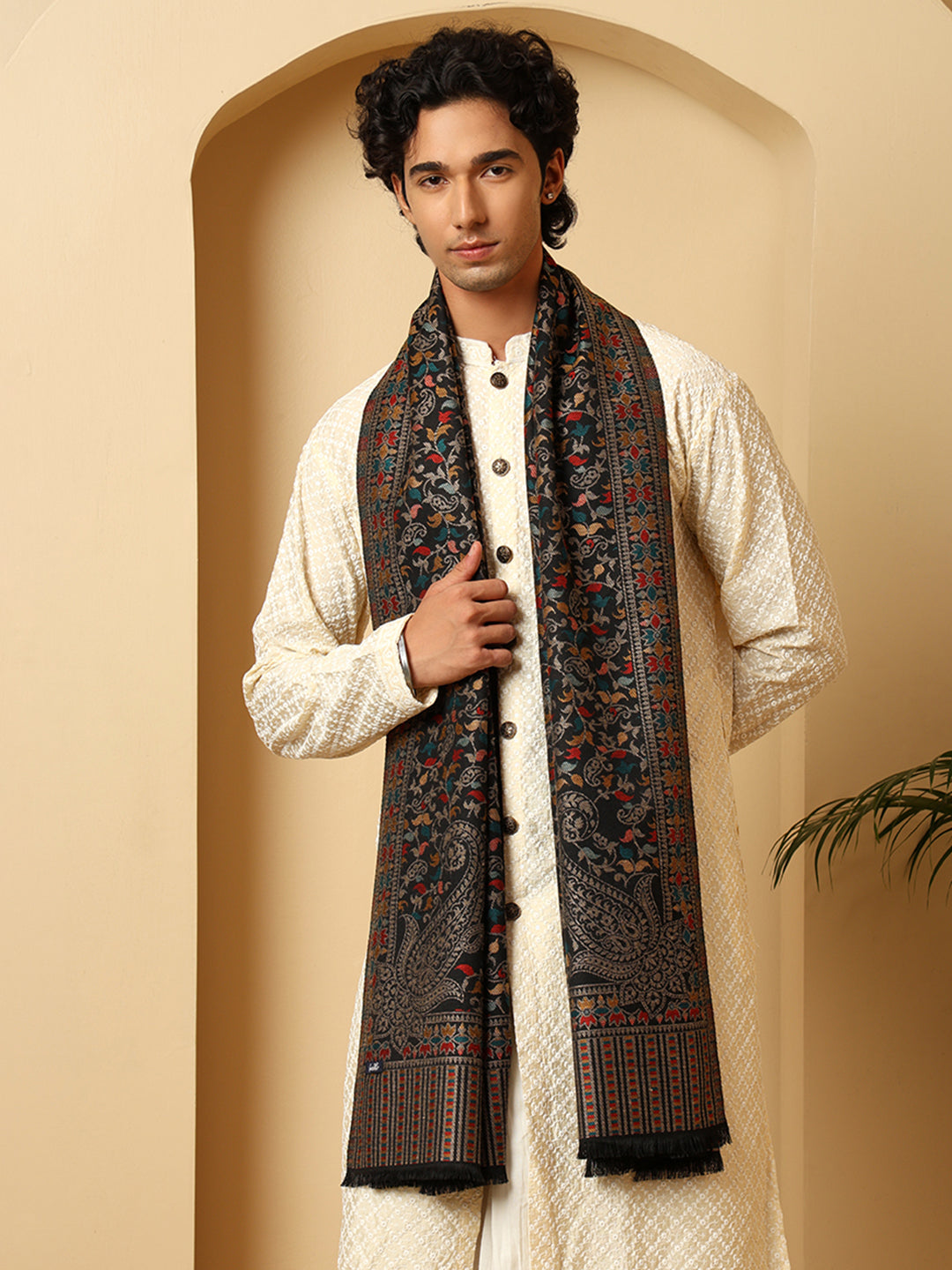 Tweedle Men’s Ethnic Kashmiri Kani Stole/ Scarf- Black, Size - 28 x 80 inches