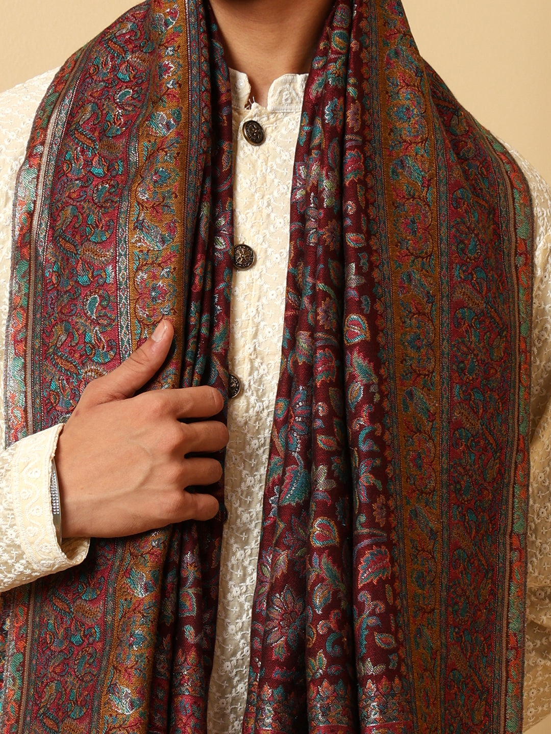 Tweedle Men’s Regalia Silk Modal, Zari Weave, Kashmiri Kani Shawl - Maroon