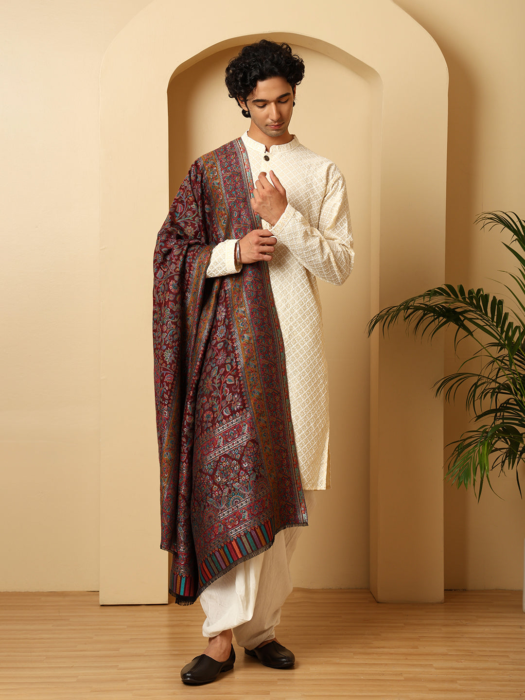 Tweedle Men’s Regalia Silk Modal, Zari Weave, Kashmiri Kani Shawl - Maroon