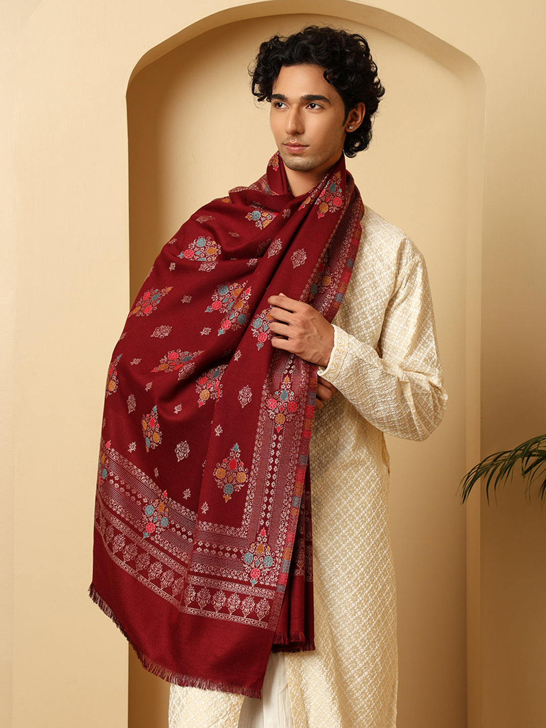 Tweedle Men’s Ethnic Design Faux Wool Shawl - Maroon, Size - 40 x 80 inches