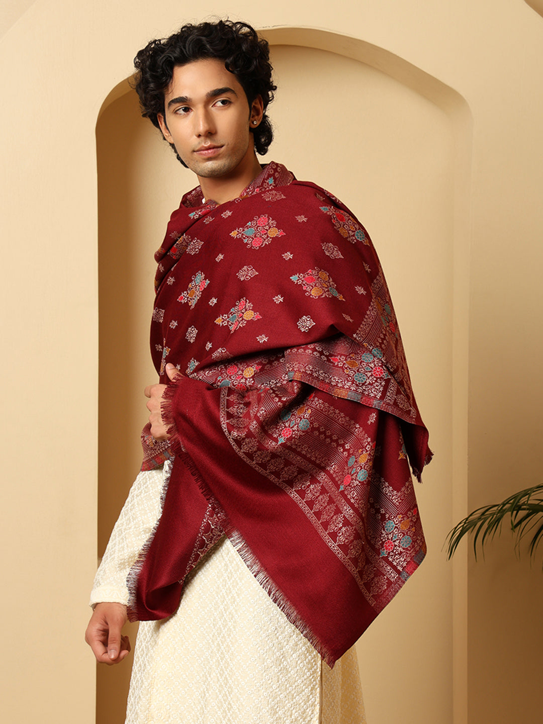 Tweedle Men’s Ethnic Design Faux Wool Shawl - Maroon, Size - 40 x 80 inches