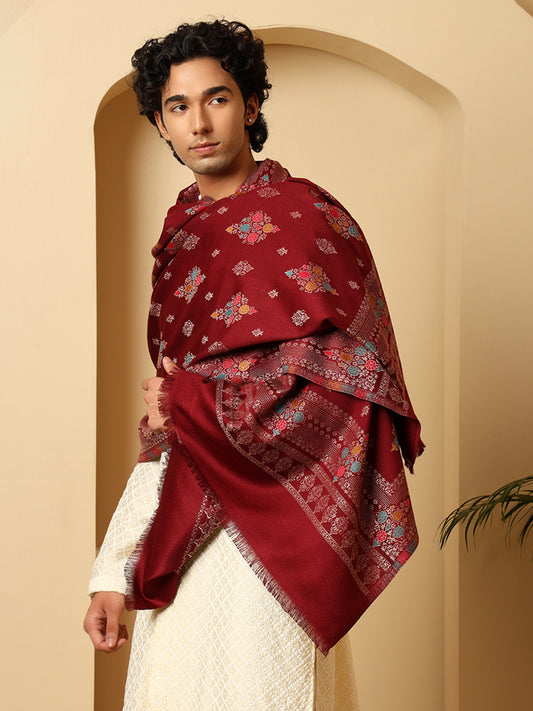 Tweedle Men’s Ethnic Design Faux Wool Shawl - Maroon, Size - 40 x 80 inches