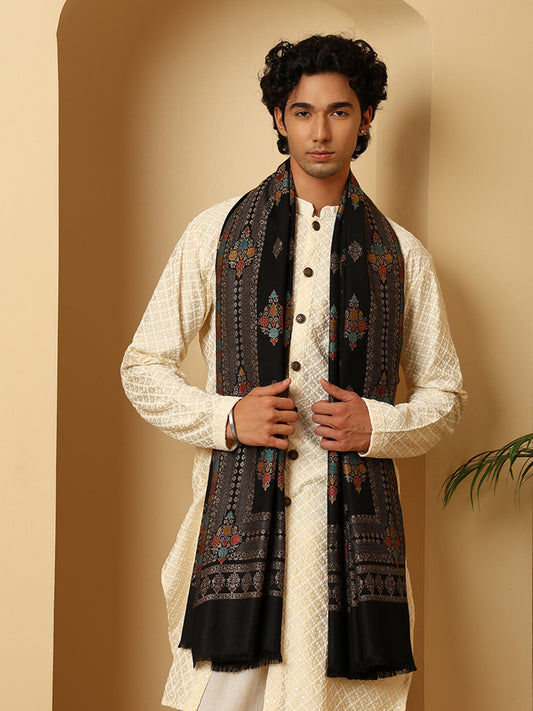 Tweedle Men’s Ethnic Design Faux Wool Shawl - Black, Size - 40 x 80 inches
