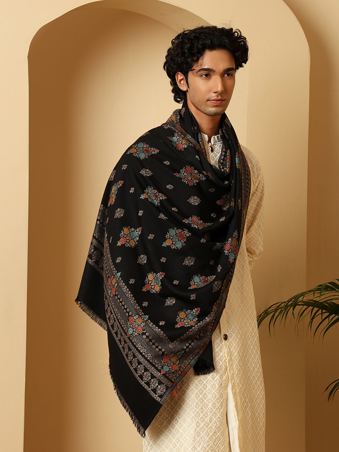 Tweedle Men’s Ethnic Design Faux Wool Shawl - Black, Size - 40 x 80 inches