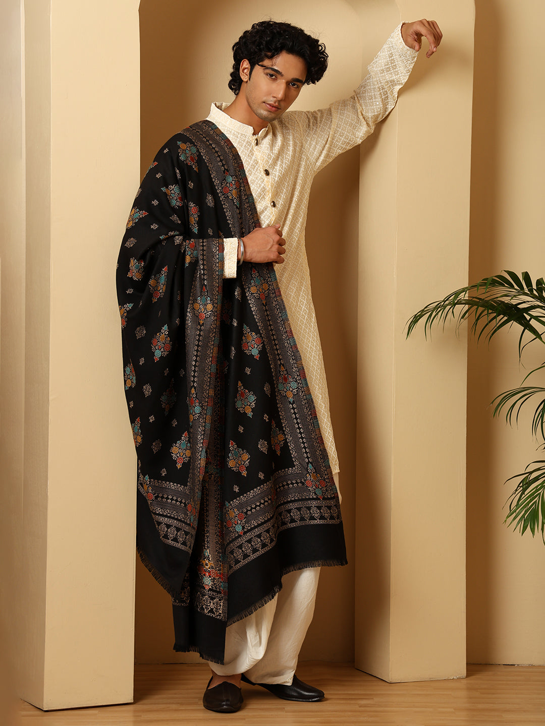 Tweedle Men’s Ethnic Design Faux Wool Shawl - Black, Size - 40 x 80 inches