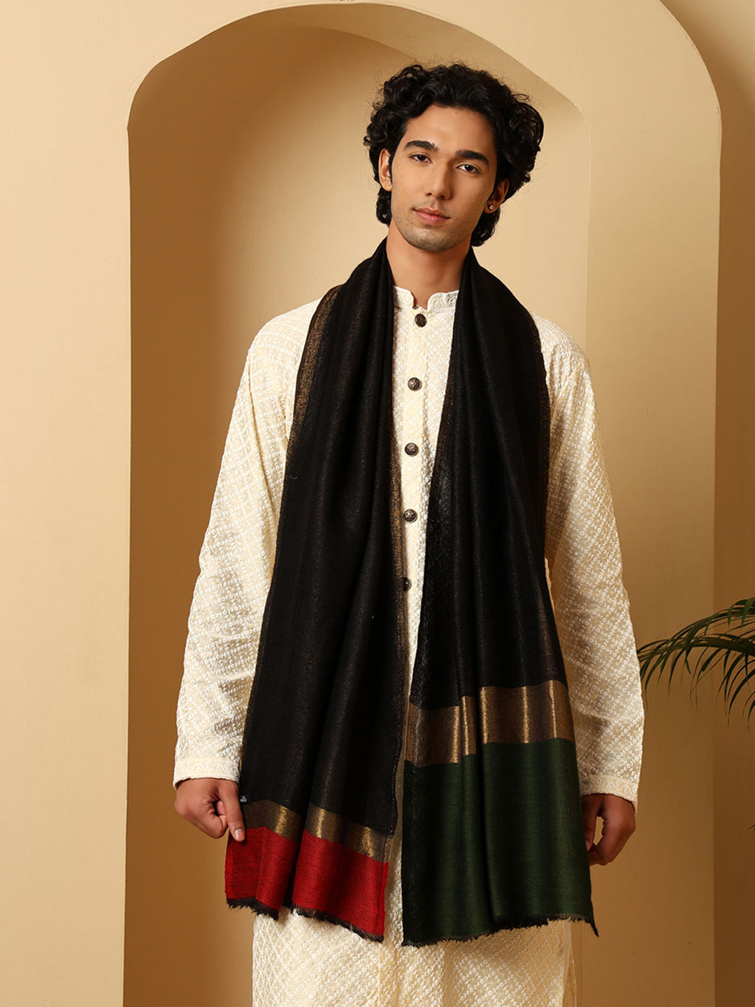 Tweedle Men’s Pashmina Wool Stole with Reversible Double Palla Zari Design - Black