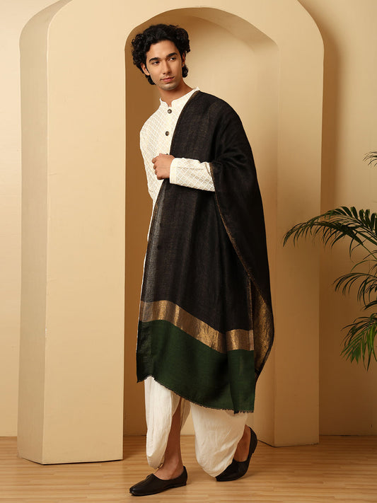 Tweedle Men’s Pashmina Wool Stole with Reversible Double Palla Zari Design - Black