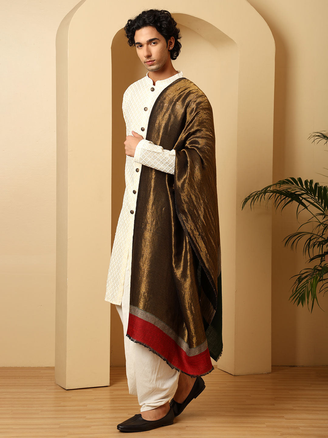 Tweedle Men’s Pashmina Wool Stole with Reversible Double Palla Zari Design - Black