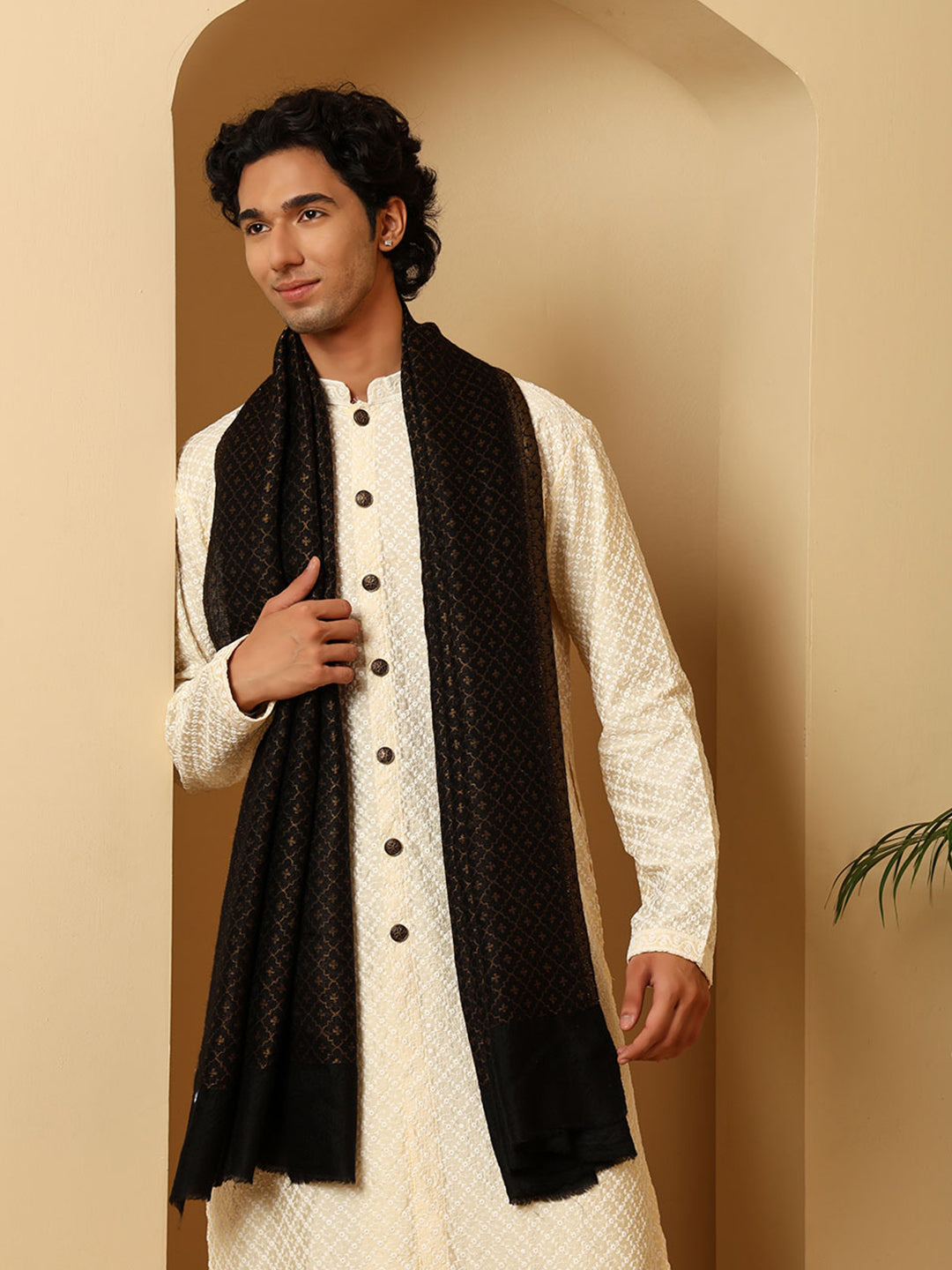 Tweedle Men’s Reversible Pashmina Wool Stole with Floral Zari Weave - Black