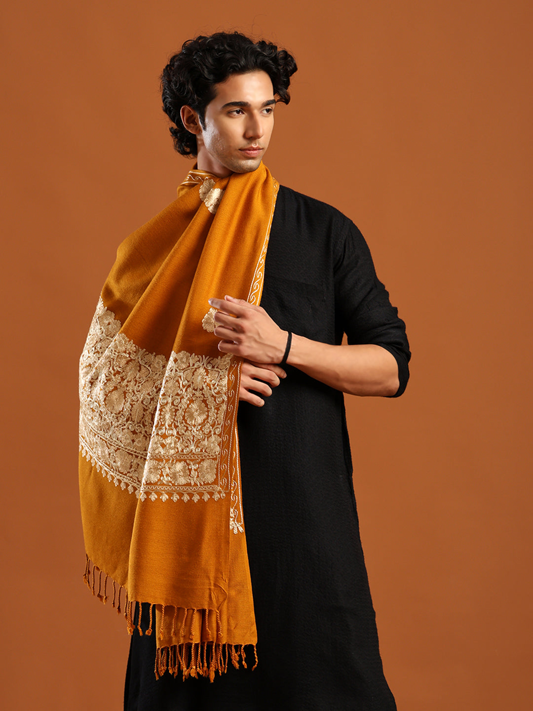 Tweedle Men’s Kashmiri Aari Embroidery Shawl / Stole - Mustard, Size - 40 x 80 inches