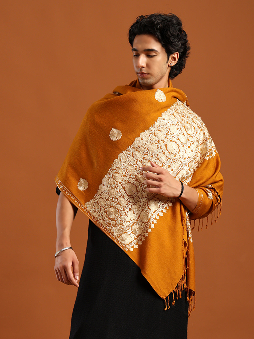 Tweedle Men’s Kashmiri Aari Embroidery Shawl / Stole - Mustard, Size - 40 x 80 inches