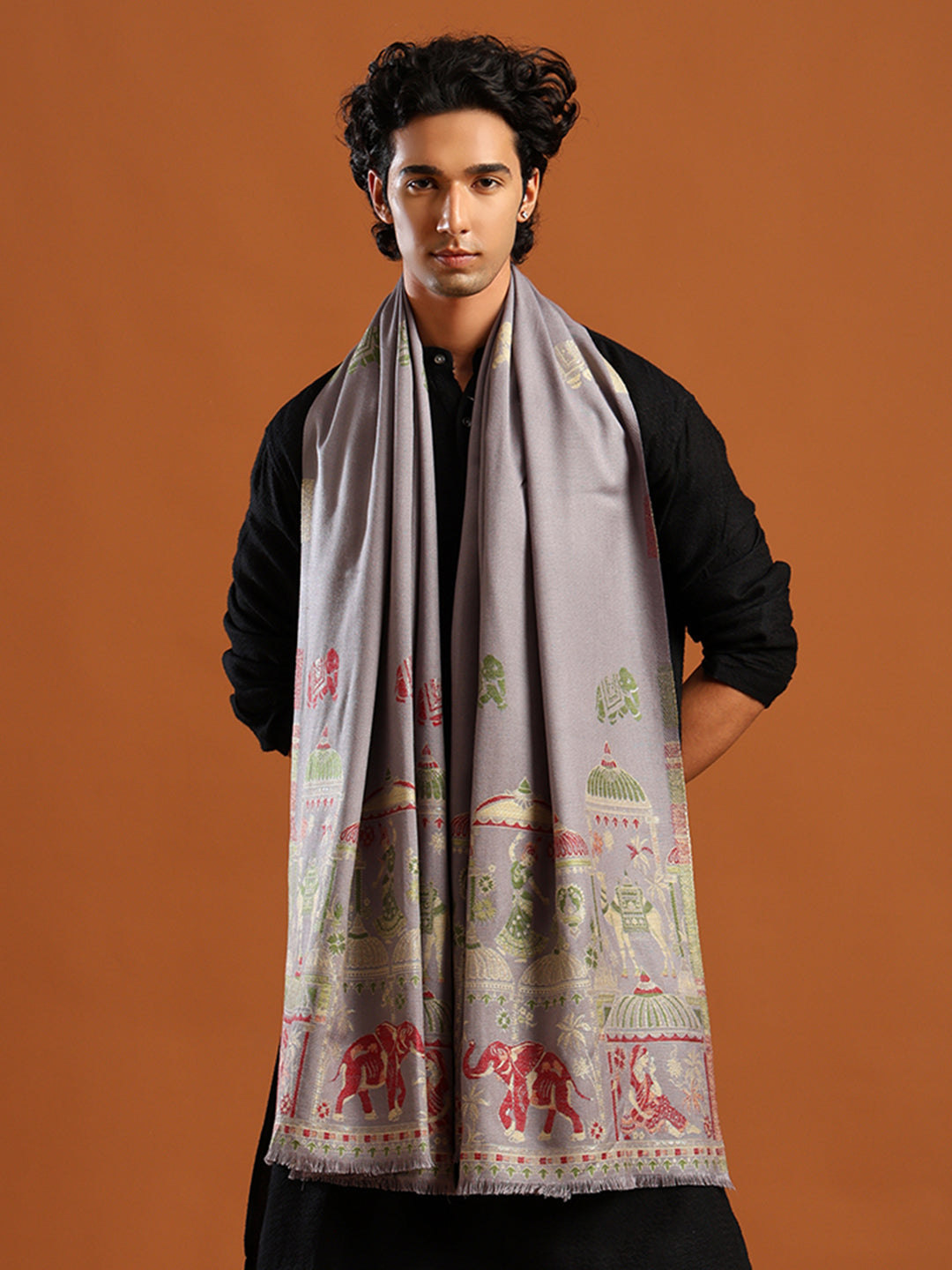 Tweedle Men’s Mahotsav Ethnic Design Zari Shawl, Faux Wool - Grey, Size - 40 x 80 inches