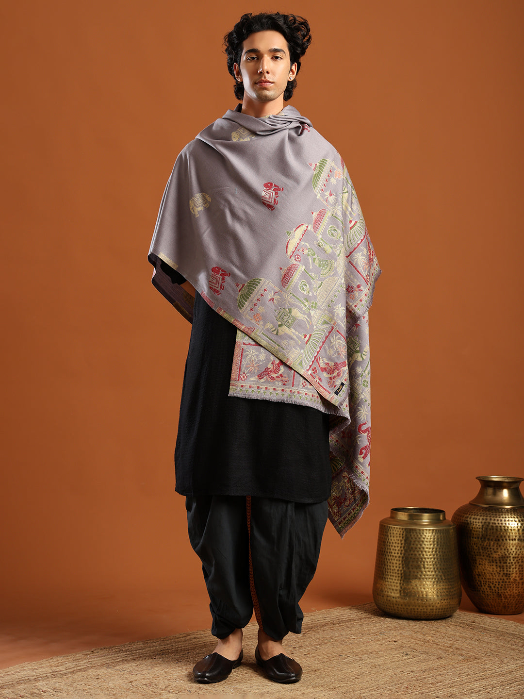 Tweedle Men’s Mahotsav Ethnic Design Zari Shawl, Faux Wool - Grey, Size - 40 x 80 inches