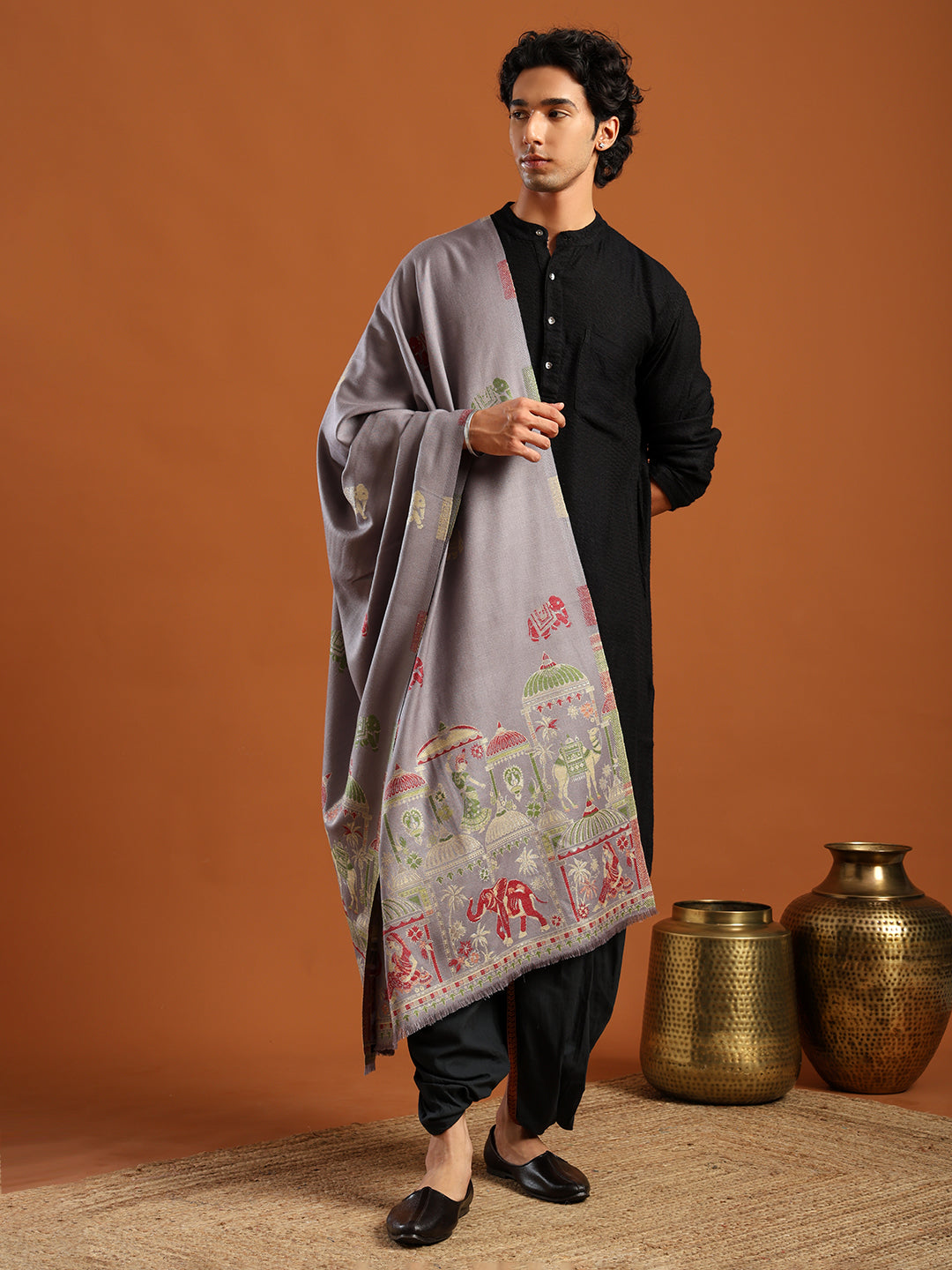 Tweedle Men’s Mahotsav Ethnic Design Zari Shawl, Faux Wool - Grey, Size - 40 x 80 inches