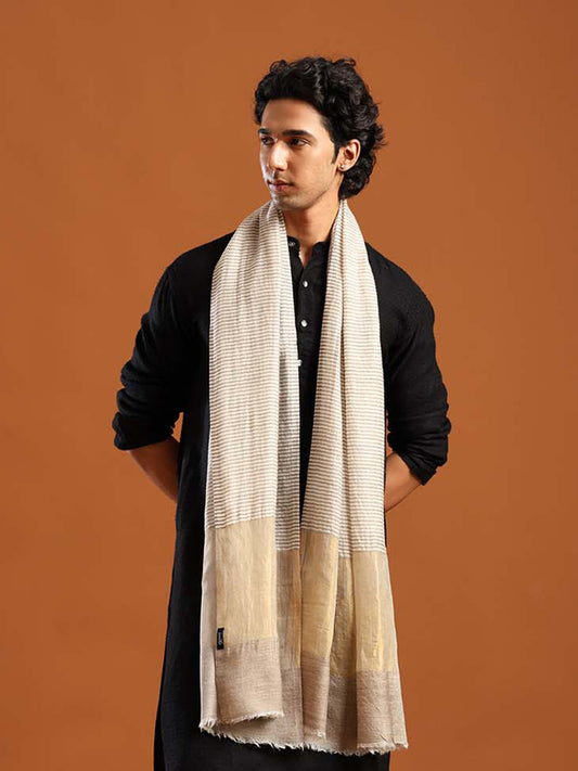 Tweedle Men’s Fine Wool Stole with Striped Zari Palla - Off-White