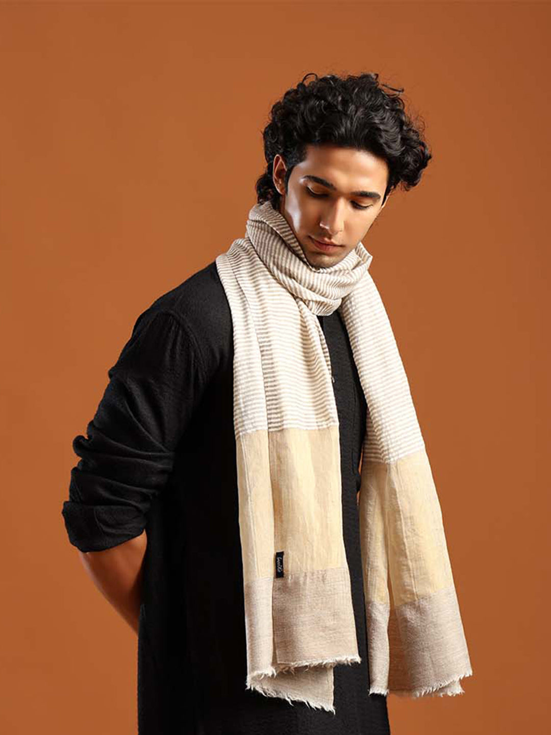 Tweedle Men’s Fine Wool Stole with Striped Zari Palla - Off-White
