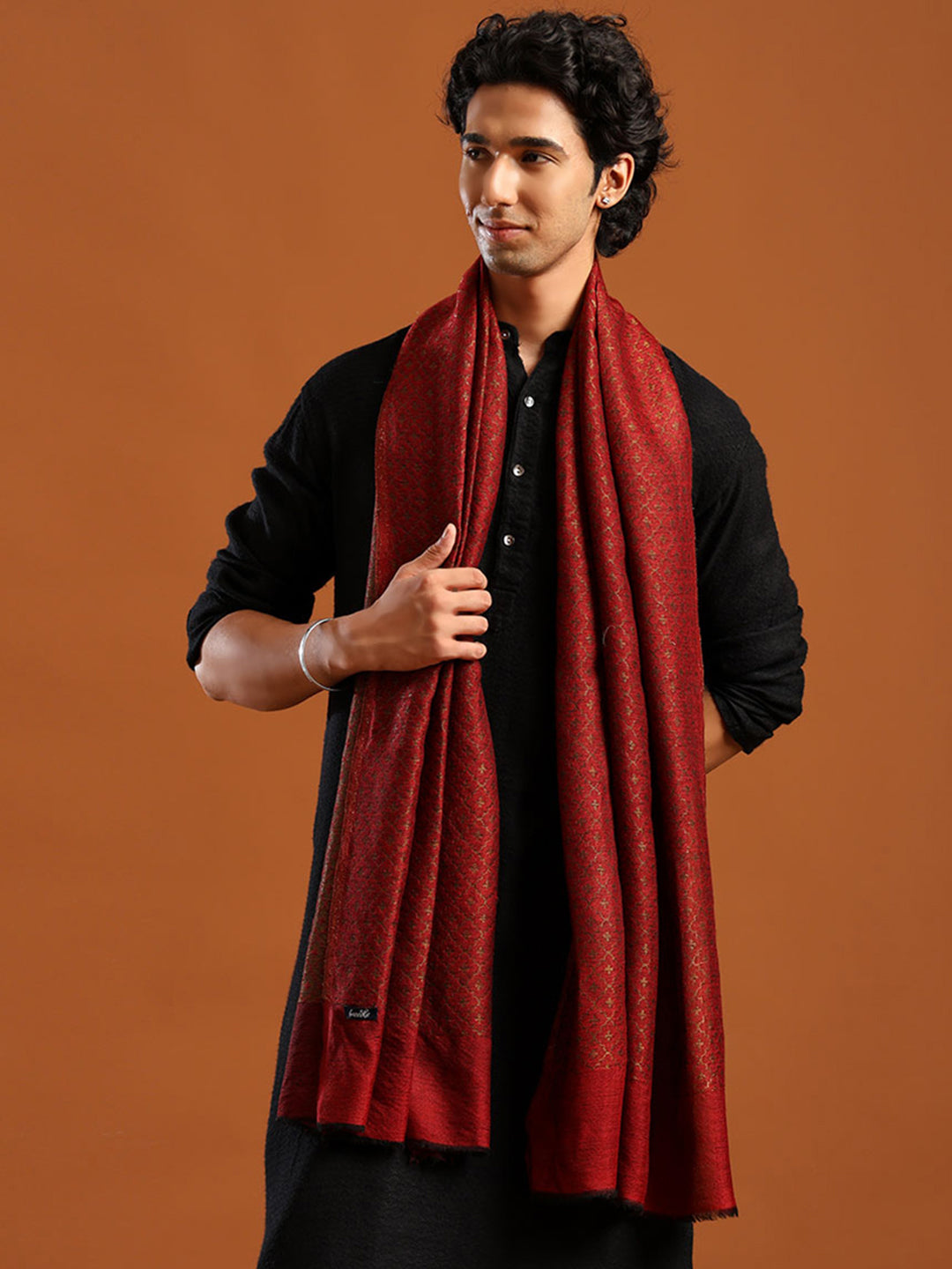 Tweedle Men’s Soft Fine Wool Pashmina Zari Stole, Reversible Moonlight Scarf- Maroon