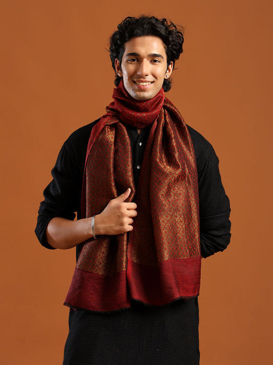 Tweedle Men’s Reversible Pashmina Wool Stole with Floral Zari Weave - Maroon