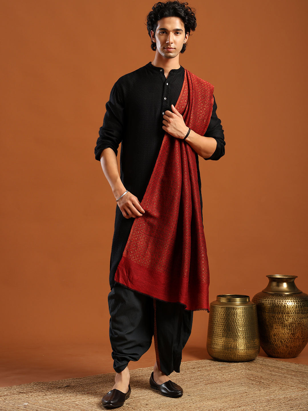 Tweedle Men’s Reversible Pashmina Wool Stole with Floral Zari Weave - Maroon