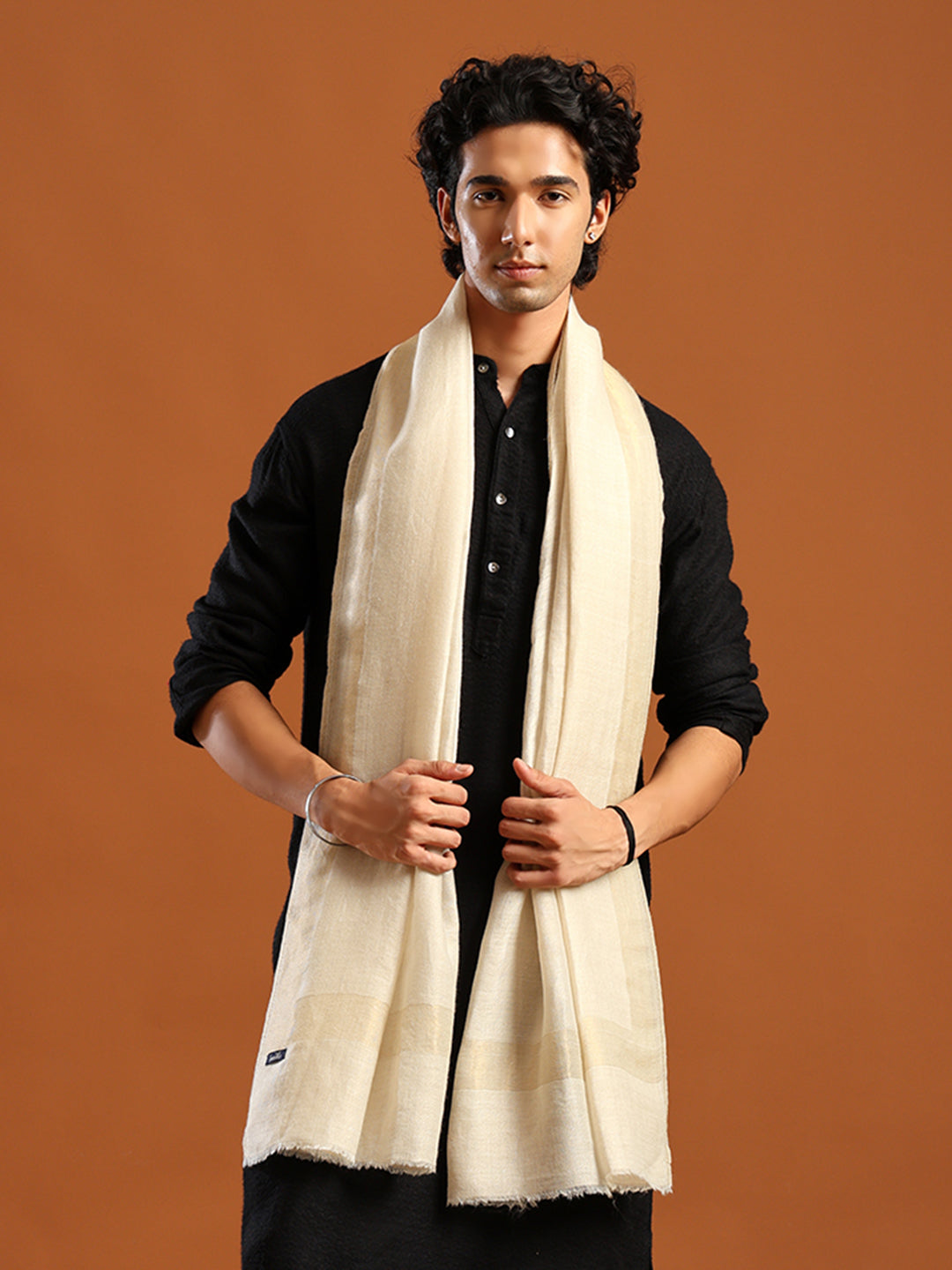 Tweedle Men’s Fine Wool Reversible Stole with Zari Border- Off-White